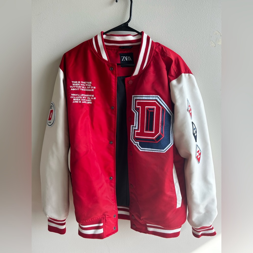 Zara multicolored varsity jacket.